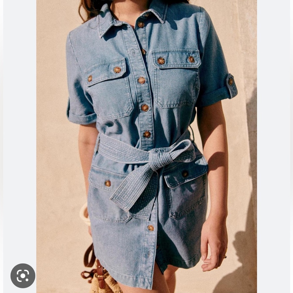 Denim Shirt Dress with Waist Tie - Blue